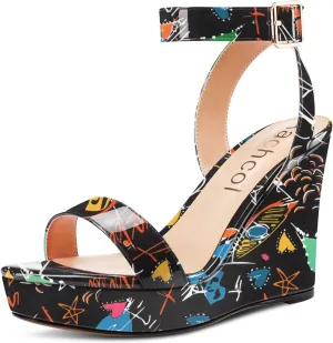 Aachcol Women Platform Wedge Sandals Round Peep Open Toe Ankle Strap Slingback Two-Piece Chunky Block High Heel Dress Shoes Pumps Party Patent 4 Inch