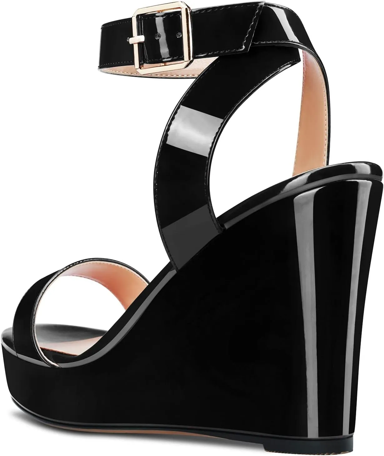 Aachcol Women Platform Wedge Sandals Round Peep Open Toe Ankle Strap Slingback Two-Piece Chunky Block High Heel Dress Shoes Pumps Party Patent 4 Inch