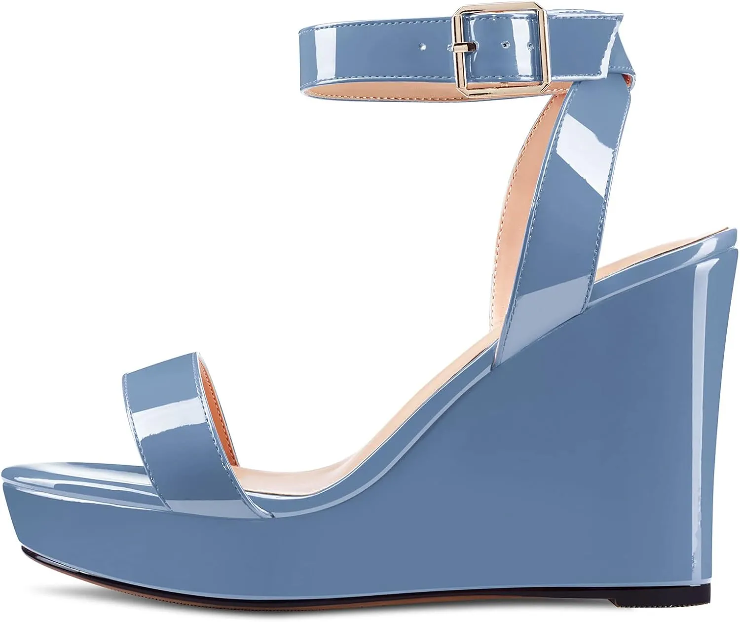 Aachcol Women Platform Wedge Sandals Round Peep Open Toe Ankle Strap Slingback Two-Piece Chunky Block High Heel Dress Shoes Pumps Party Patent 4 Inch