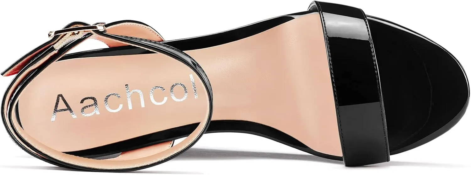 Aachcol Women Platform Wedge Sandals Round Peep Open Toe Ankle Strap Slingback Two-Piece Chunky Block High Heel Dress Shoes Pumps Party Patent 4 Inch