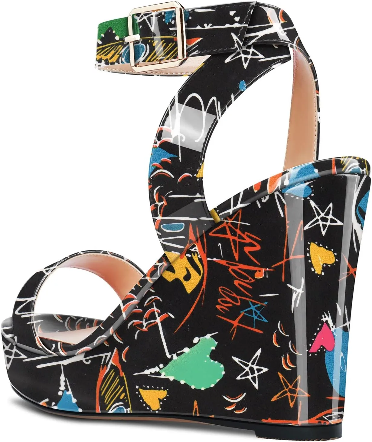 Aachcol Women Platform Wedge Sandals Round Peep Open Toe Ankle Strap Slingback Two-Piece Chunky Block High Heel Dress Shoes Pumps Party Patent 4 Inch