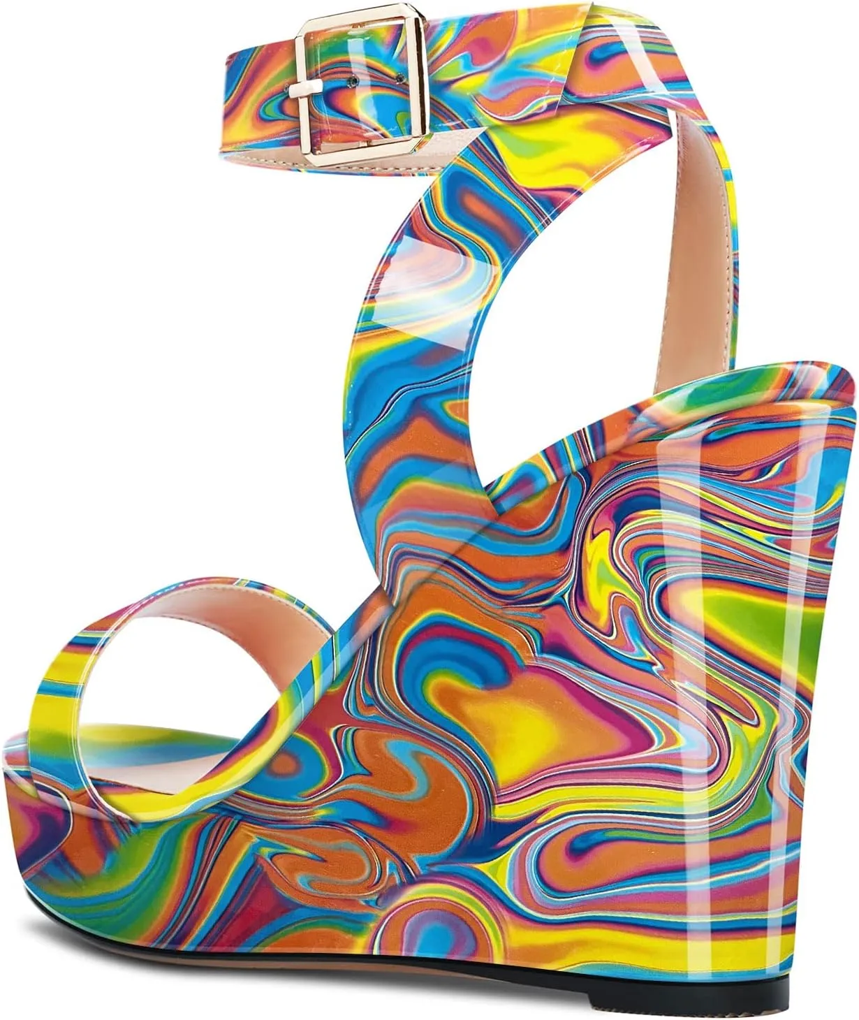 Aachcol Women Platform Wedge Sandals Round Peep Open Toe Ankle Strap Slingback Two-Piece Chunky Block High Heel Dress Shoes Pumps Party Patent 4 Inch