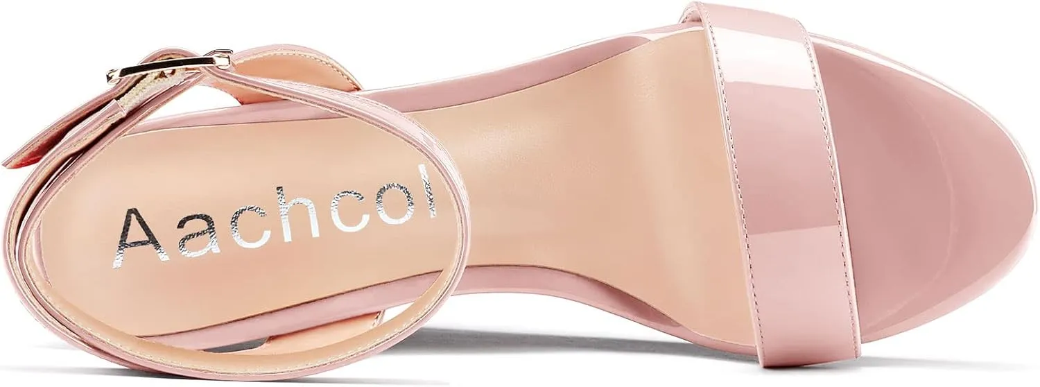 Aachcol Women Platform Wedge Sandals Round Peep Open Toe Ankle Strap Slingback Two-Piece Chunky Block High Heel Dress Shoes Pumps Party Patent 4 Inch