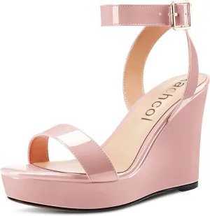 Aachcol Women Platform Wedge Sandals Round Peep Open Toe Ankle Strap Slingback Two-Piece Chunky Block High Heel Dress Shoes Pumps Party Patent 4 Inch