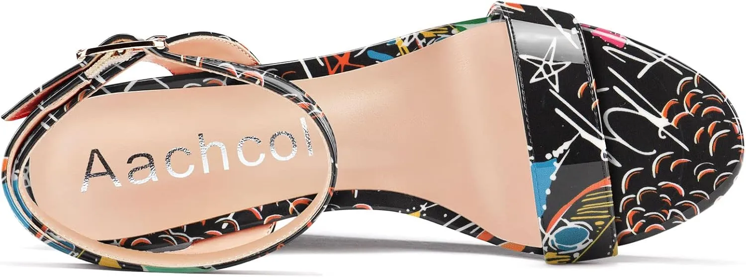Aachcol Women Platform Wedge Sandals Round Peep Open Toe Ankle Strap Slingback Two-Piece Chunky Block High Heel Dress Shoes Pumps Party Patent 4 Inch