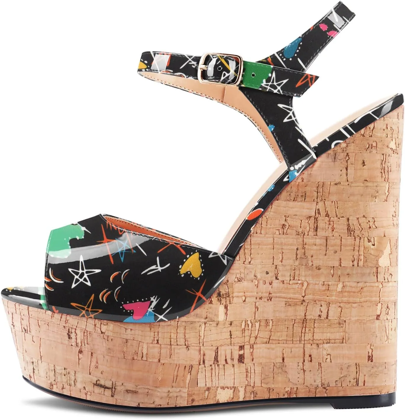 Aachcol Women Platform Wedge Sandals Round Peep Open Toe Ankle Strap Slingback Two-Piece Chunky Block High Heel Dress Shoes Pumps Party Wedding Patent 6 Inch