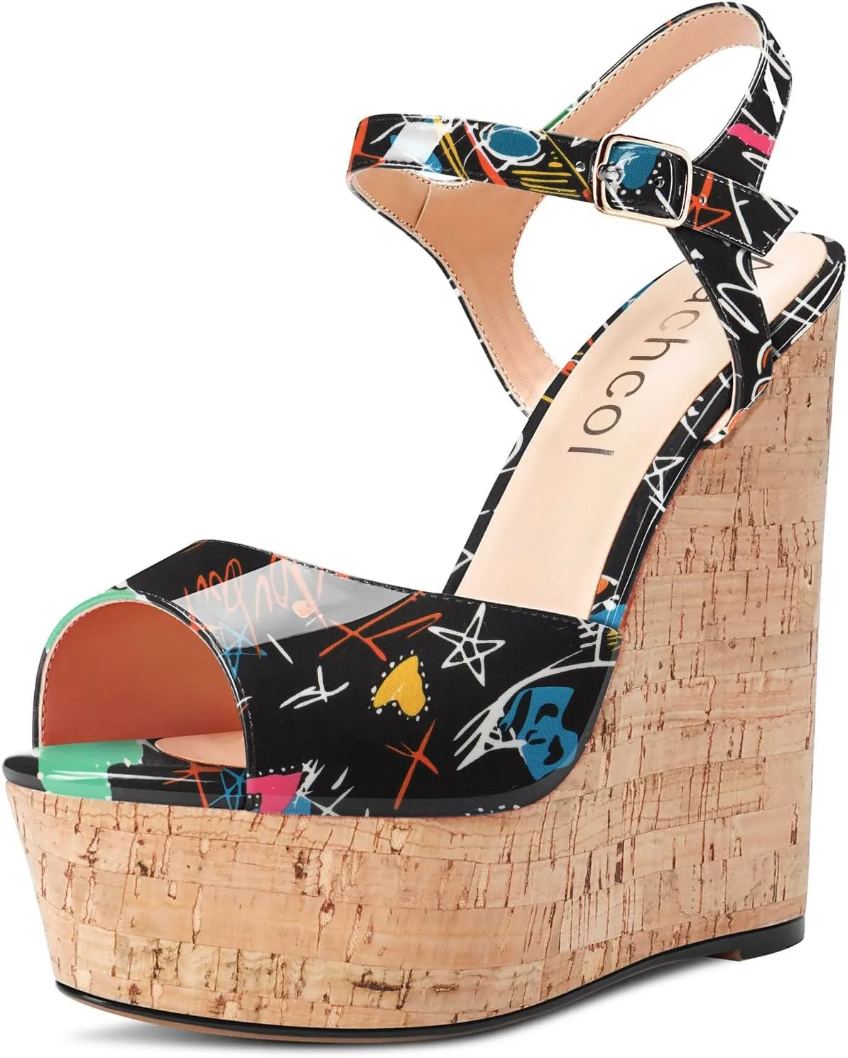 Aachcol Women Platform Wedge Sandals Round Peep Open Toe Ankle Strap Slingback Two-Piece Chunky Block High Heel Dress Shoes Pumps Party Wedding Patent 6 Inch