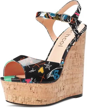 Aachcol Women Platform Wedge Sandals Round Peep Open Toe Ankle Strap Slingback Two-Piece Chunky Block High Heel Dress Shoes Pumps Party Wedding Patent 6 Inch