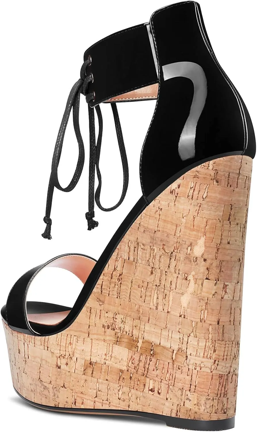 Aachcol Women Platform Wedge Sandals Round Peep Open Toe Lace-up Ankle Strap Slingback Two-Piece Chunky Block High Heel Dress Shoes Pumps Party Patent 6 Inch