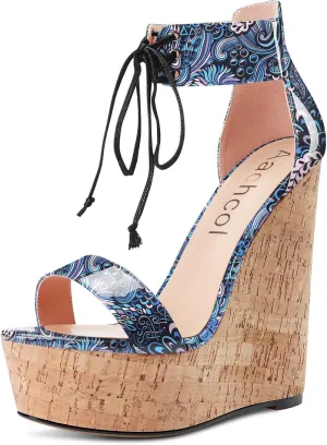 Aachcol Women Platform Wedge Sandals Round Peep Open Toe Lace-up Ankle Strap Slingback Two-Piece Chunky Block High Heel Dress Shoes Pumps Party Patent 6 Inch