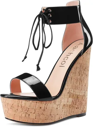 Aachcol Women Platform Wedge Sandals Round Peep Open Toe Lace-up Ankle Strap Slingback Two-Piece Chunky Block High Heel Dress Shoes Pumps Party Patent 6 Inch