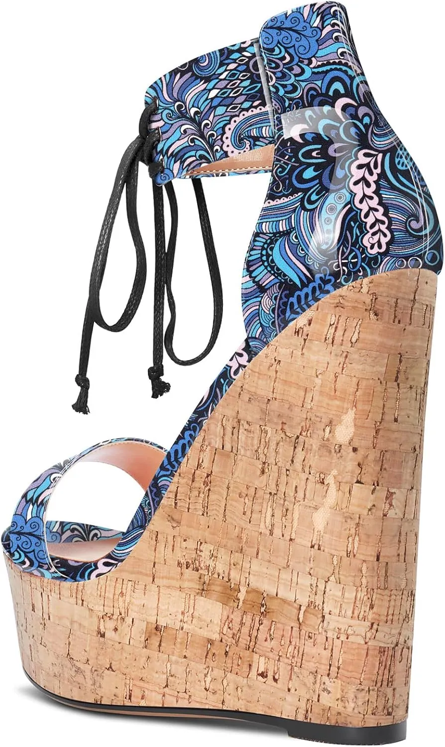 Aachcol Women Platform Wedge Sandals Round Peep Open Toe Lace-up Ankle Strap Slingback Two-Piece Chunky Block High Heel Dress Shoes Pumps Party Patent 6 Inch