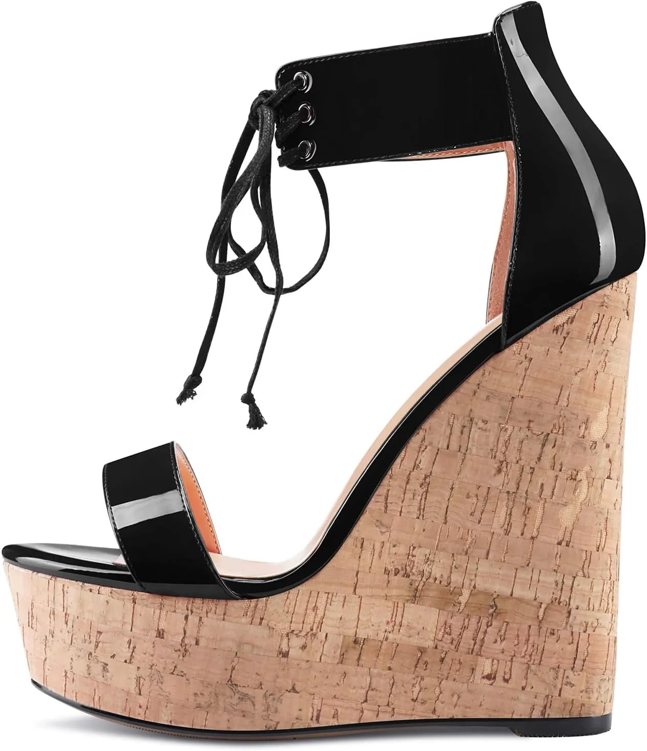 Aachcol Women Platform Wedge Sandals Round Peep Open Toe Lace-up Ankle Strap Slingback Two-Piece Chunky Block High Heel Dress Shoes Pumps Party Patent 6 Inch