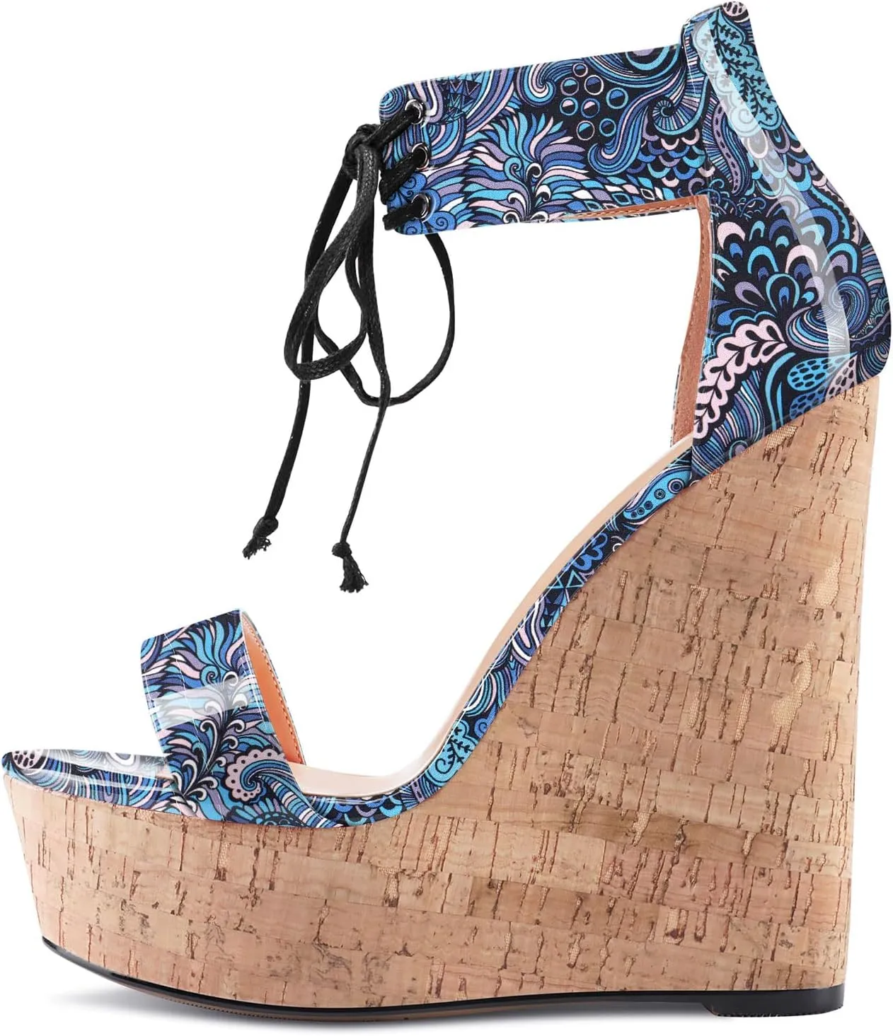 Aachcol Women Platform Wedge Sandals Round Peep Open Toe Lace-up Ankle Strap Slingback Two-Piece Chunky Block High Heel Dress Shoes Pumps Party Patent 6 Inch