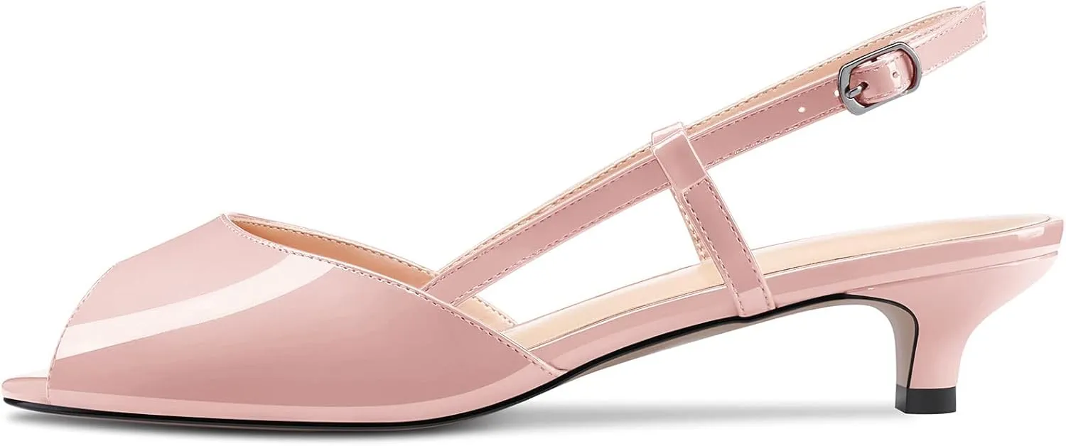Aachcol Women Pumps Peep Open Toe Ankle Strap Slingback Kitten Low Heel Dress Shoes Sandals Patent Office Wedding Shopping 1.5 Inch
