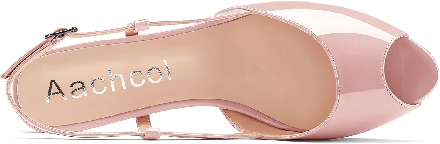 Aachcol Women Pumps Peep Open Toe Ankle Strap Slingback Kitten Low Heel Dress Shoes Sandals Patent Office Wedding Shopping 1.5 Inch