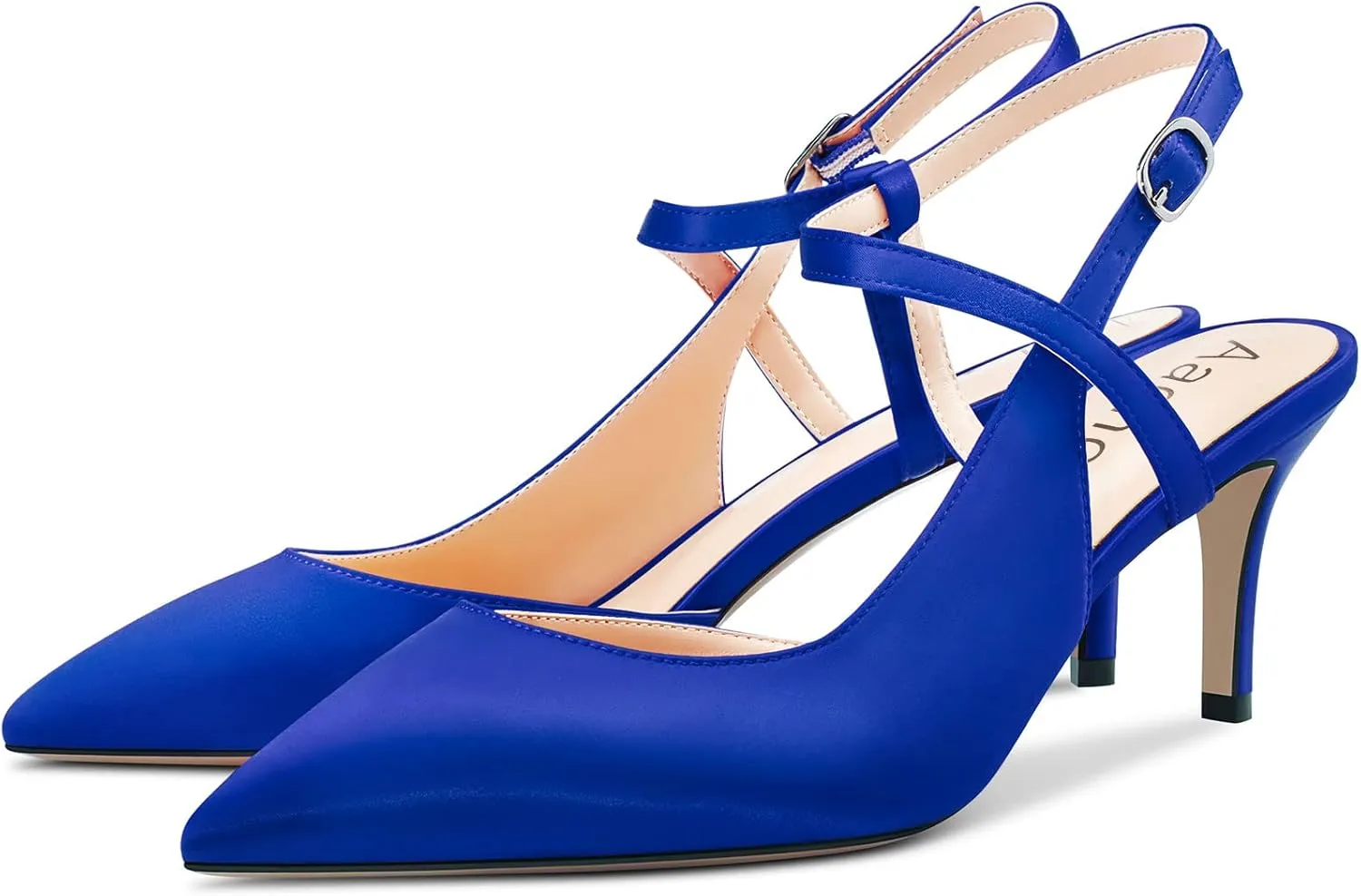 Aachcol Women Pumps Pointed Toe Ankle Strap Slingback Stiletto Kitten Low Heel Dress Shoes Sandals Satin Office Wedding Shopping 2.5 Inch