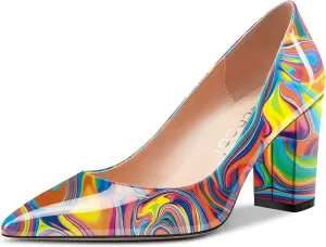 Aachcol Women Pumps Pointed Toe Slip on Mid Heel Dress Office Chunky Block Heels Shoes 3 Inches
