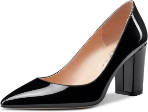 Aachcol Women Pumps Pointed Toe Slip on Mid Heel Dress Office Chunky Block Heels Shoes 3 Inches
