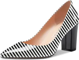Aachcol Women Pumps Pointed Toe Slip on Mid Heel Dress Office Chunky Block Heels Shoes 3 Inches