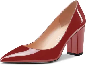 Aachcol Women Pumps Pointed Toe Slip on Mid Heel Dress Office Chunky Block Heels Shoes 3 Inches