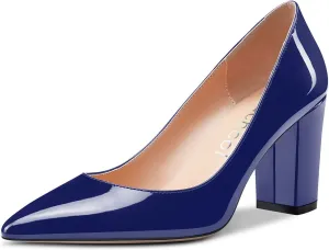 Aachcol Women Pumps Pointed Toe Slip on Mid Heel Dress Office Chunky Block Heels Shoes 3 Inches