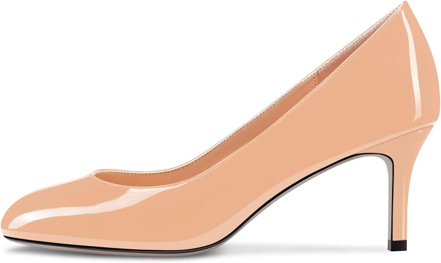 Aachcol Women Round Toe Pumps Stiletto Mid Heel Slip-on Dress Shoes Office 2.5 Inch
