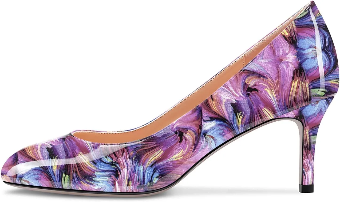 Aachcol Women Round Toe Pumps Stiletto Mid Heel Slip-on Dress Shoes Office 2.5 Inch