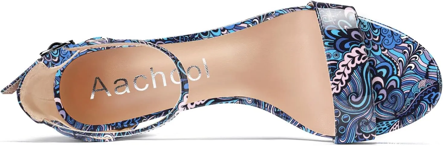 Aachcol Women Sandals Peep Open Toe Ankle Strap Chunky Block Mid Heel Shoes Party 3.5 Inch