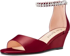 Aachcol Women Sandals Round Peep Open Toe Ankle Strap Chunky Block Mid Low Wedge Heel Dress Shoes Satin Wedding Shopping 2 Inch