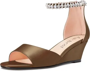 Aachcol Women Sandals Round Peep Open Toe Ankle Strap Chunky Block Mid Low Wedge Heel Dress Shoes Satin Wedding Shopping 2 Inch