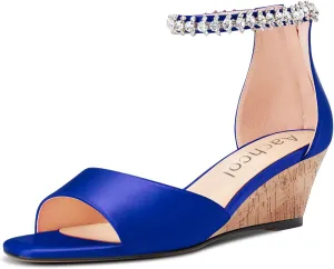 Aachcol Women Sandals Round Peep Open Toe Ankle Strap Two-Piece Chunky Block Mid Low Wedge Heel Dress Shoes Satin Wedding Shopping 2 Inch