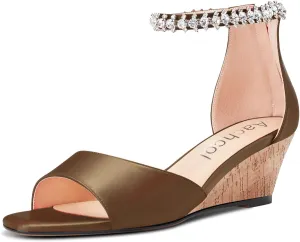 Aachcol Women Sandals Round Peep Open Toe Ankle Strap Two-Piece Chunky Block Mid Low Wedge Heel Dress Shoes Satin Wedding Shopping 2 Inch