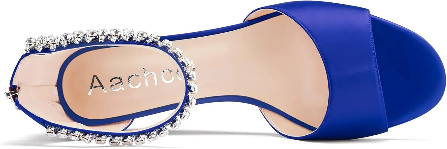 Aachcol Women Sandals Round Peep Open Toe Ankle Strap Two-Piece Chunky Block Mid Low Wedge Heel Dress Shoes Satin Wedding Shopping 2 Inch
