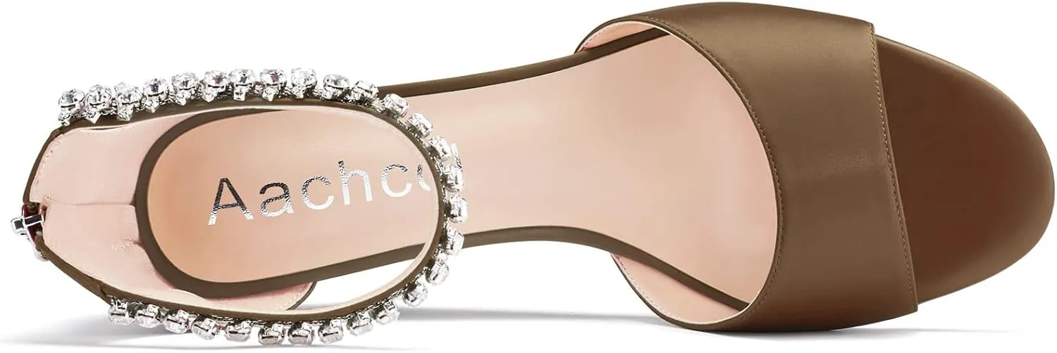 Aachcol Women Sandals Round Peep Open Toe Ankle Strap Two-Piece Chunky Block Mid Low Wedge Heel Dress Shoes Satin Wedding Shopping 2 Inch