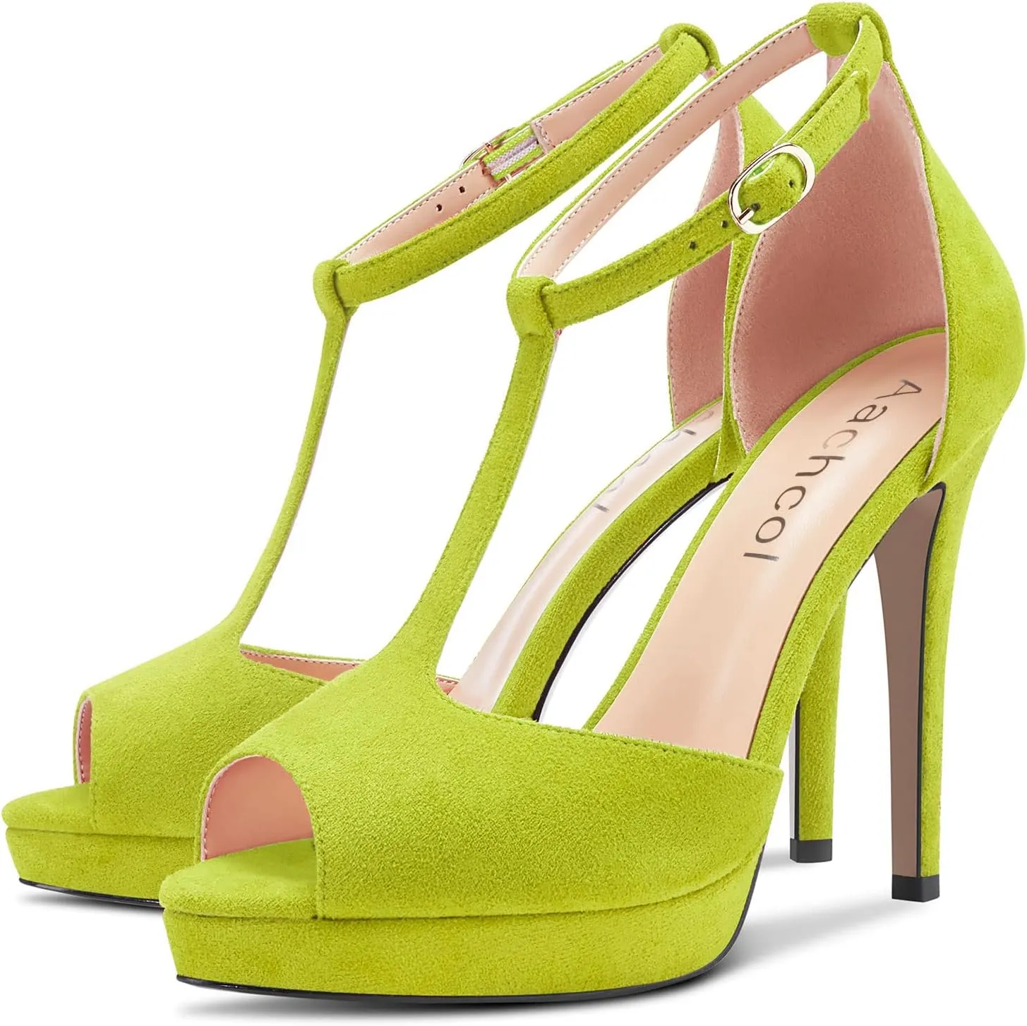 Aachcol Women Sandals T-strap Platform Peep Open Toe Ankle Strap Stiletto High Heel Dress Shoes Pumps Wedding Suede 5 Inch
