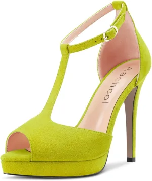 Aachcol Women Sandals T-strap Platform Peep Open Toe Ankle Strap Stiletto High Heel Dress Shoes Pumps Wedding Suede 5 Inch
