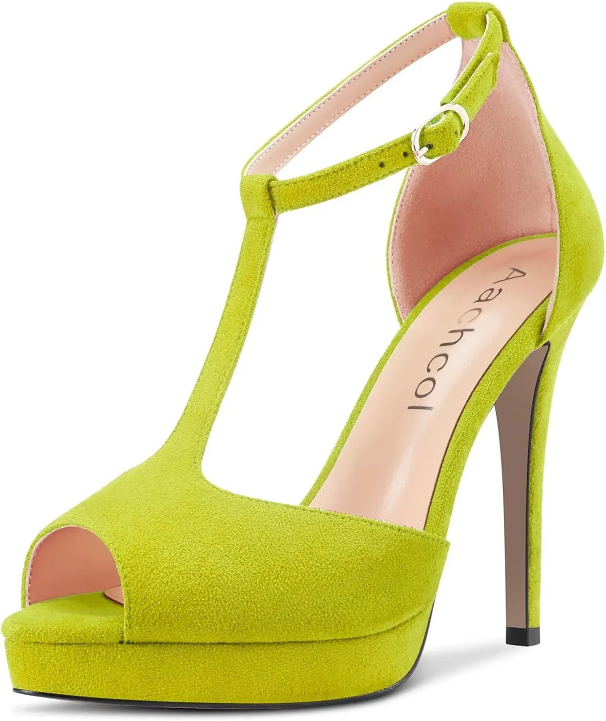 Aachcol Women Sandals T-strap Platform Peep Open Toe Ankle Strap Stiletto High Heel Dress Shoes Pumps Wedding Suede 5 Inch