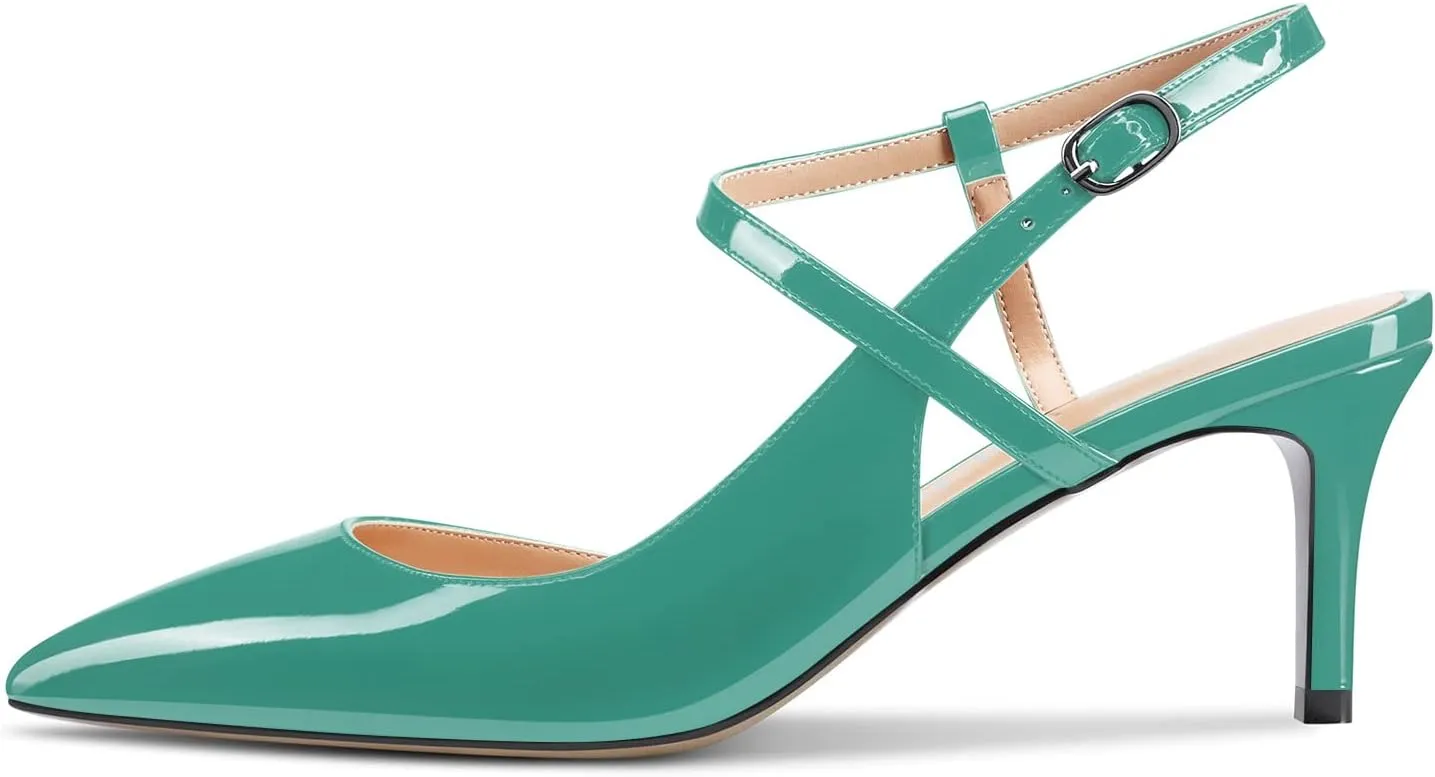 Aachcol Women Slingback Pumps Ankle Strap D'Orsay Stiletto Mid Heel Close Pointed Toe Dress Shoes 2.5 Inches