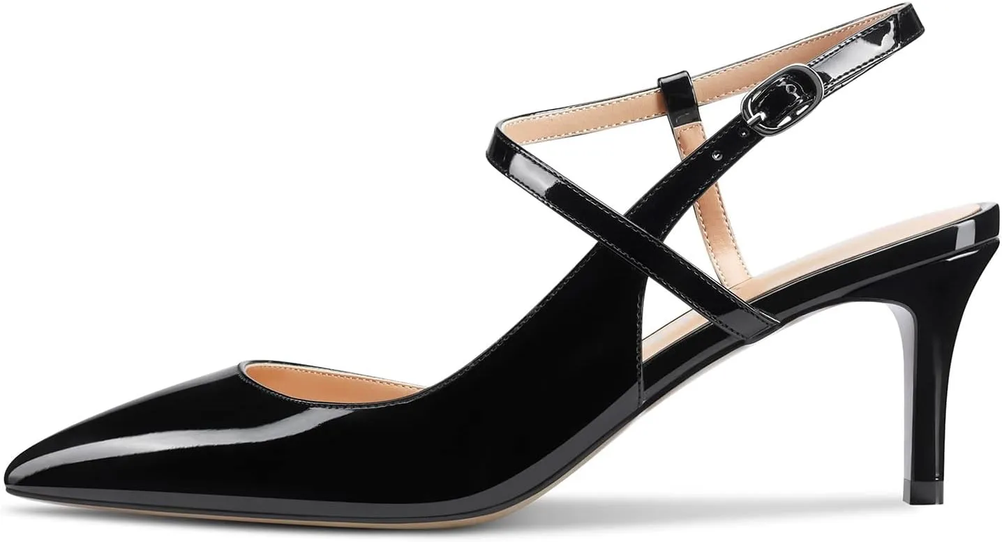 Aachcol Women Slingback Pumps Ankle Strap D'Orsay Stiletto Mid Heel Close Pointed Toe Dress Shoes 2.5 Inches
