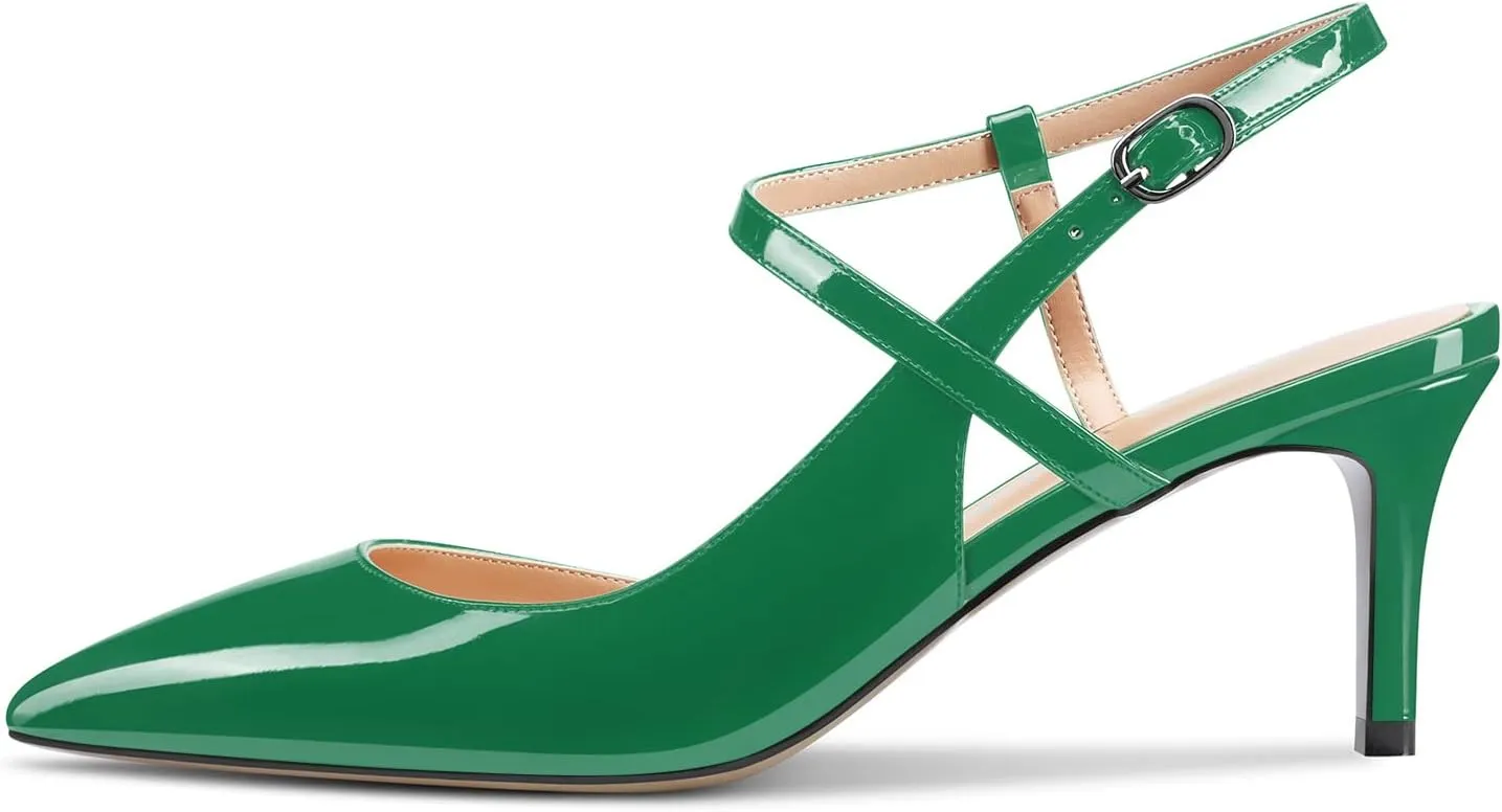Aachcol Women Slingback Pumps Ankle Strap D'Orsay Stiletto Mid Heel Close Pointed Toe Dress Shoes 2.5 Inches