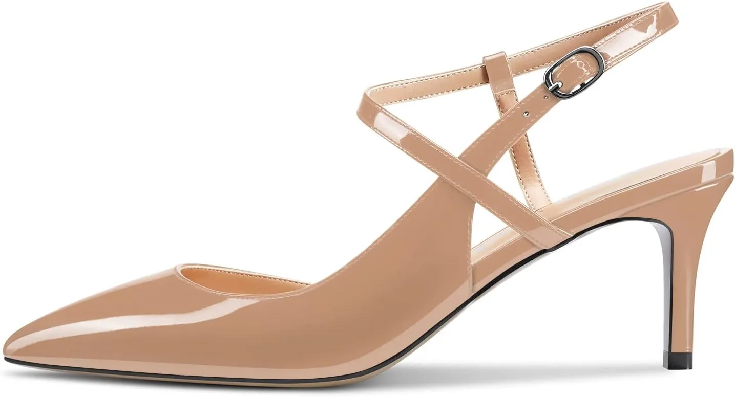 Aachcol Women Slingback Pumps Ankle Strap D'Orsay Stiletto Mid Heel Close Pointed Toe Dress Shoes 2.5 Inches