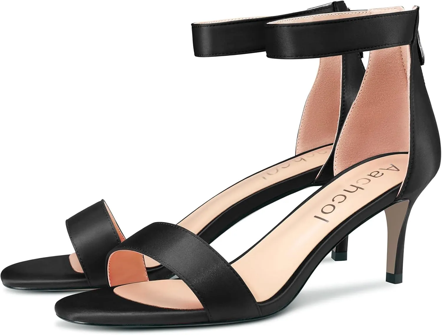 Aachcol Women Stiletto Mid Heel Sandals Ankle Strap Peep Open Toe Dress Shoes Party Wedding Satin 2.5 Inch