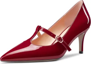 Aachcol Women Stiletto Mid Low Heel Pumps T-Strap Slip-on Pointed Toe Dress Shoes Office Party Wedding Patent 2.5 Inch
