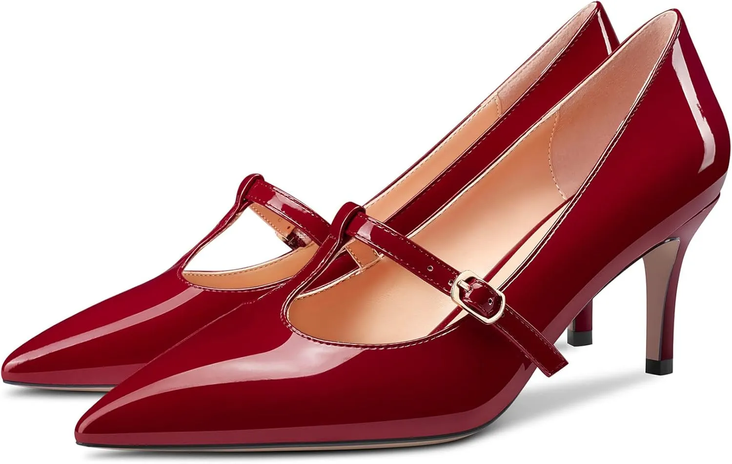 Aachcol Women Stiletto Mid Low Heel Pumps T-Strap Slip-on Pointed Toe Dress Shoes Office Party Wedding Patent 2.5 Inch