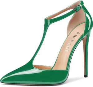 Aachcol Women T-strap Sandals High Stiletto Heel Pointed Toe Mary Jane Ankle Strap Patent Pumps Clear Dress Shoes 5 Inch