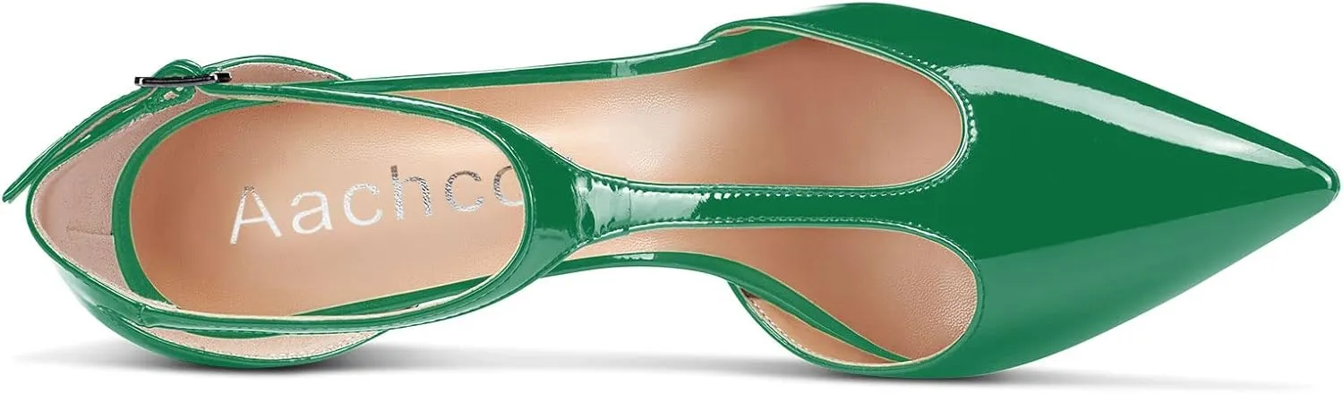 Aachcol Women T-strap Sandals High Stiletto Heel Pointed Toe Mary Jane Ankle Strap Patent Pumps Clear Dress Shoes 5 Inch