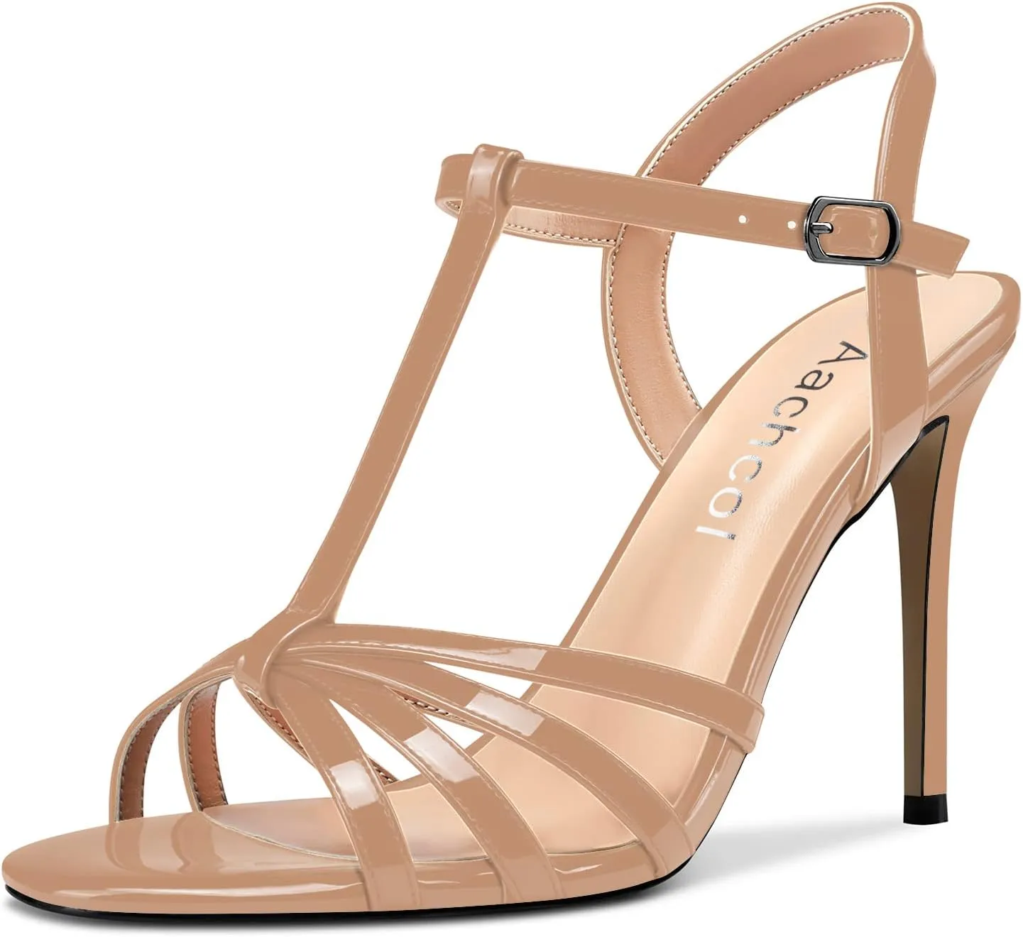 Aachcol Women T-strap Slingback Sandals Stiletto High Heel Peep Open Toe Ankle Strap Shoes 4 Inches