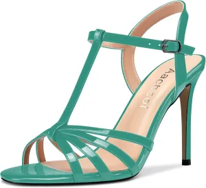 Aachcol Women T-strap Slingback Sandals Stiletto High Heel Peep Open Toe Ankle Strap Shoes 4 Inches