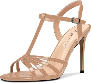 Aachcol Women T-strap Slingback Sandals Stiletto High Heel Peep Open Toe Ankle Strap Shoes 4 Inches